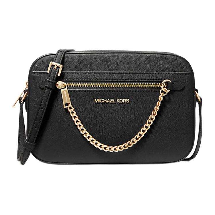 Michael Kors Jet Set Large Zip Chain Crossbody Bag Shoulder Black Leather Gold