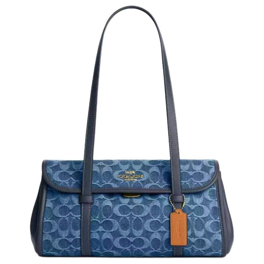 COACH Denim With Cow Leather And Smooth Leather Shoulder Bag Large Women's Indigo
