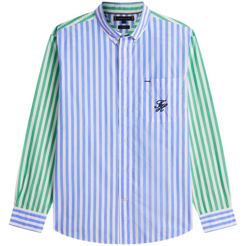 Tommy Hilfiger Shirts Men's Blue Green White Stripes 0A4 Lapel Moderate Other