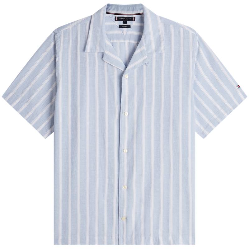 Tommy Hilfiger Shirts Men's Blue White Stripes 0A5 Cuban Collar Moderate Shirt