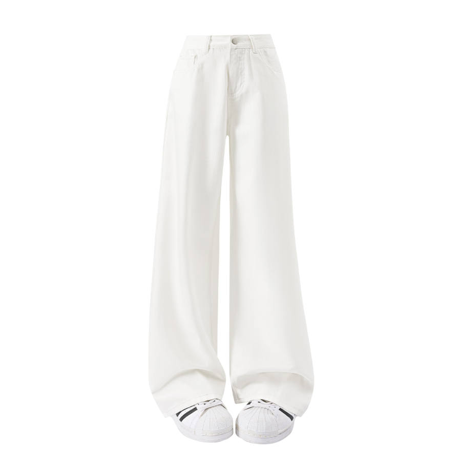 Tonlion Casual Pants Women's White Solid Color Moderate Wide Leg Pants