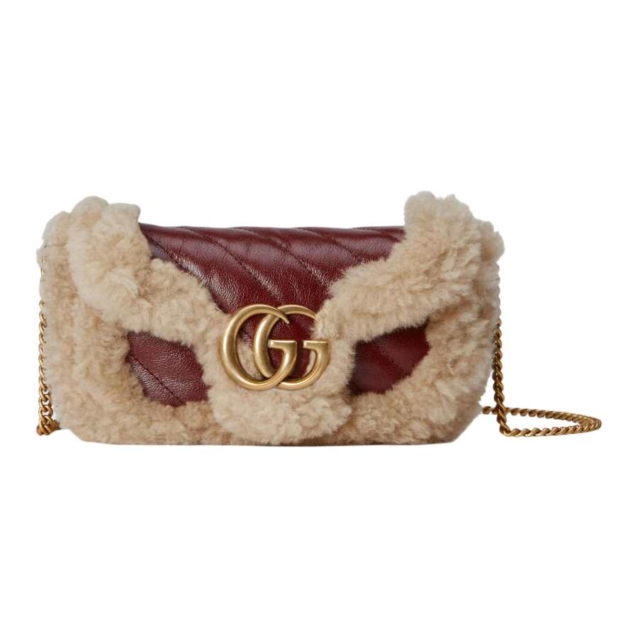 GUCCI GG Marmont Shearling With Leather Crossbody Bag, Shoulder Bag Mini Women's Beige & Burgundy