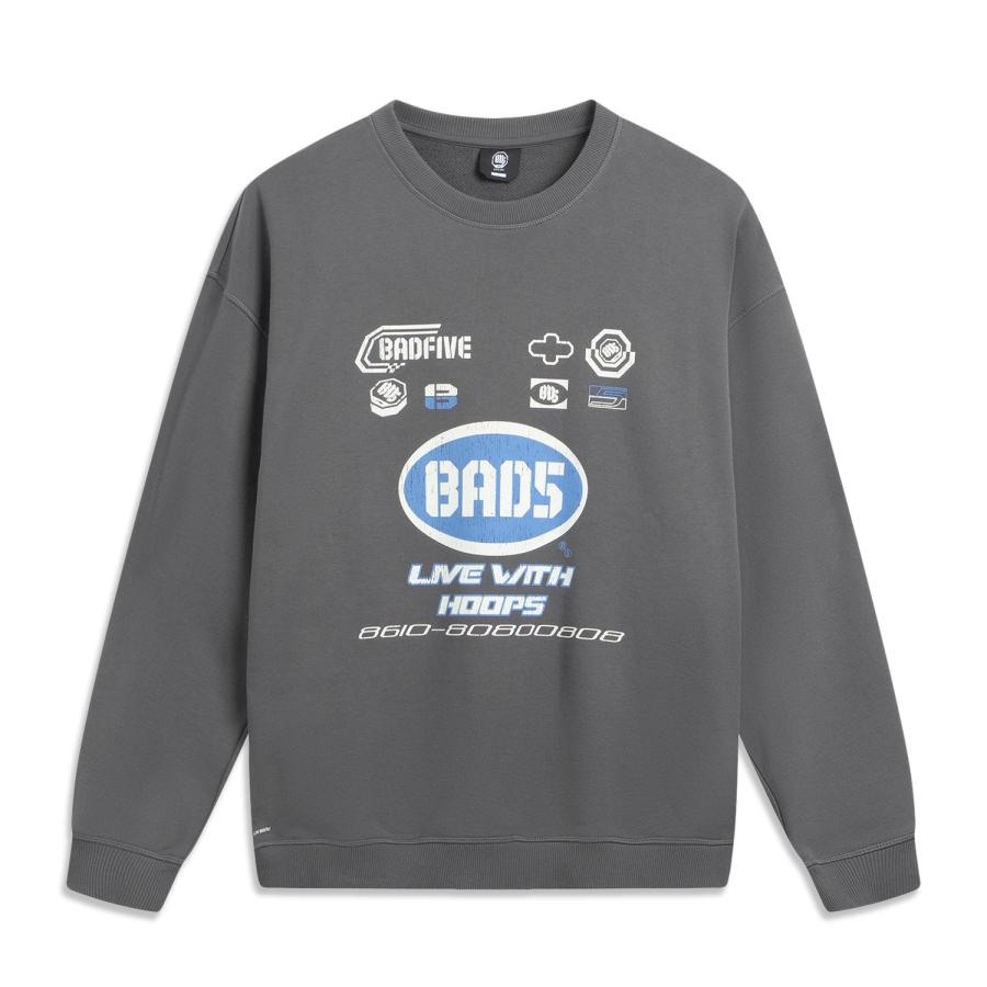 Li-Ning Li Ning Sweatshirts Men's Coal Smoke Gray Crew Neck Moderate Regular