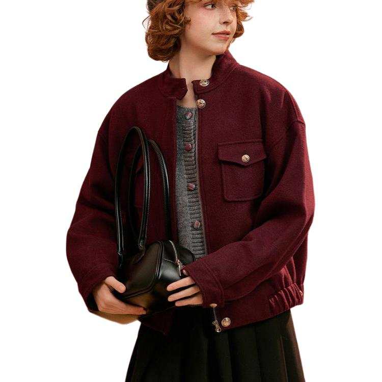 Tonlion Jackets Women's Burgundy Stand Collar Moderate Workwear
