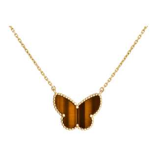 Van Cleef & Arpels Butterflies 18K Gold Tiger's Eye Stone Necklaces Unisex Gold