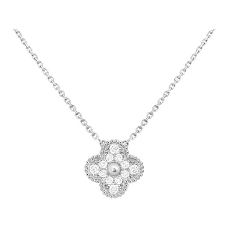 Van Cleef & Arpels Alhambra 18K Gold Diamond Necklaces Unisex White Gold