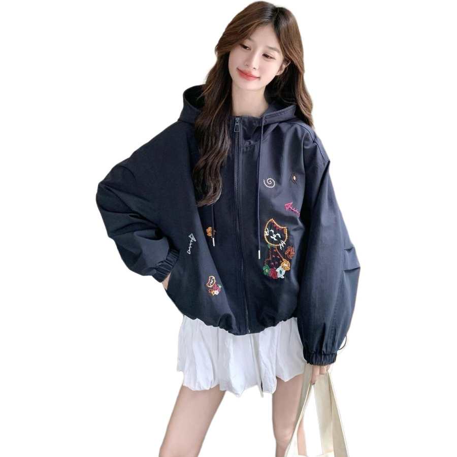 Cotton Gene Jackets Women's Navy Blue Hooded Thin Workwear