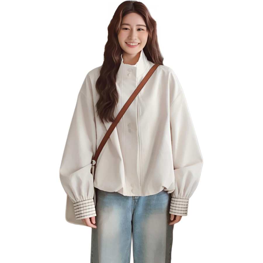 Cotton Gene Jackets Women's Ecru Stand Collar Thin Other