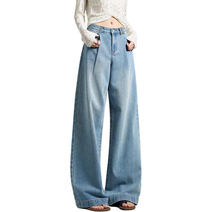 Tonlion Casual Pants Women's Medium Denim Blue Moderate Wide Leg Pants