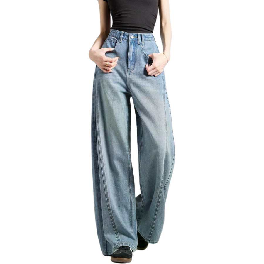 Tonlion Casual Pants Women's Light Denim Blue Moderate Wide Leg Pants