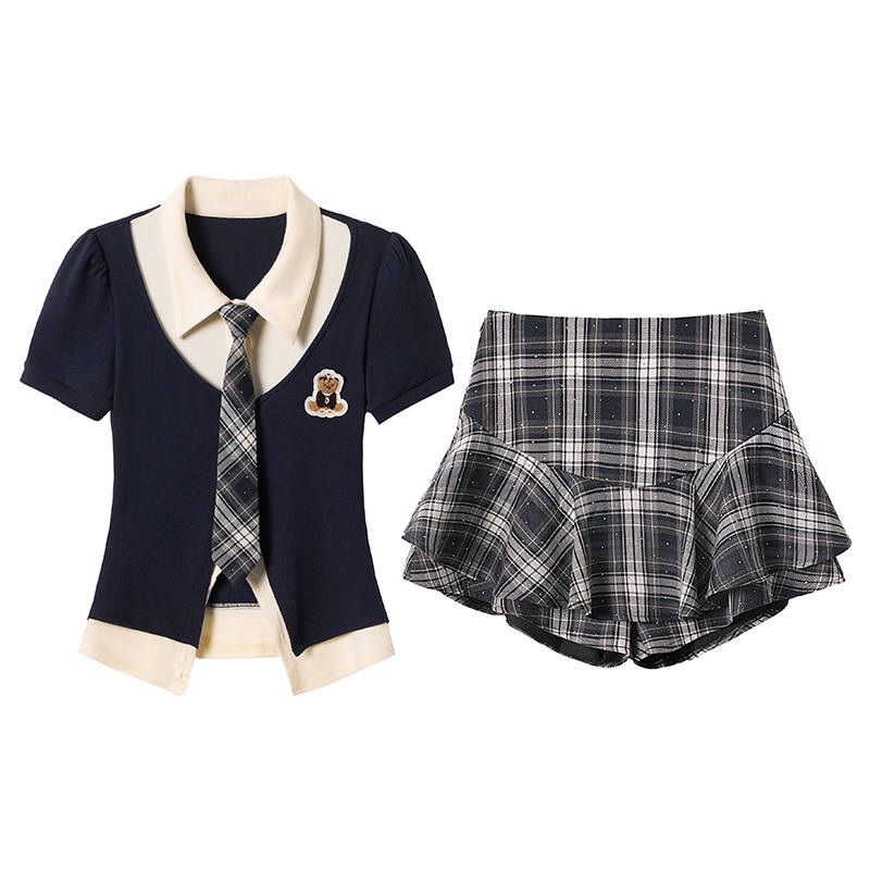FABRIC PIG Two Piece Skirt Sets Women's Lapel Moderate Short Skirt