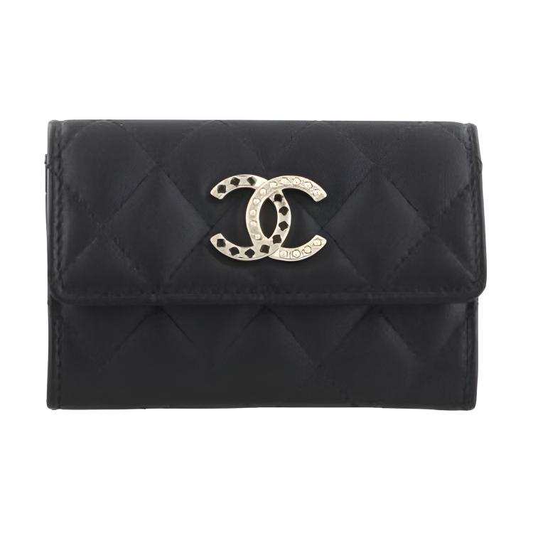 CHANEL Litchi Grain Cow Leather Card Holder Women's Black