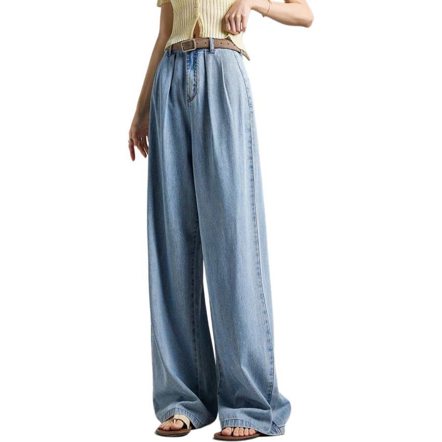 Tonlion Casual Pants Women's Light Denim Blue Moderate Wide Leg Pants