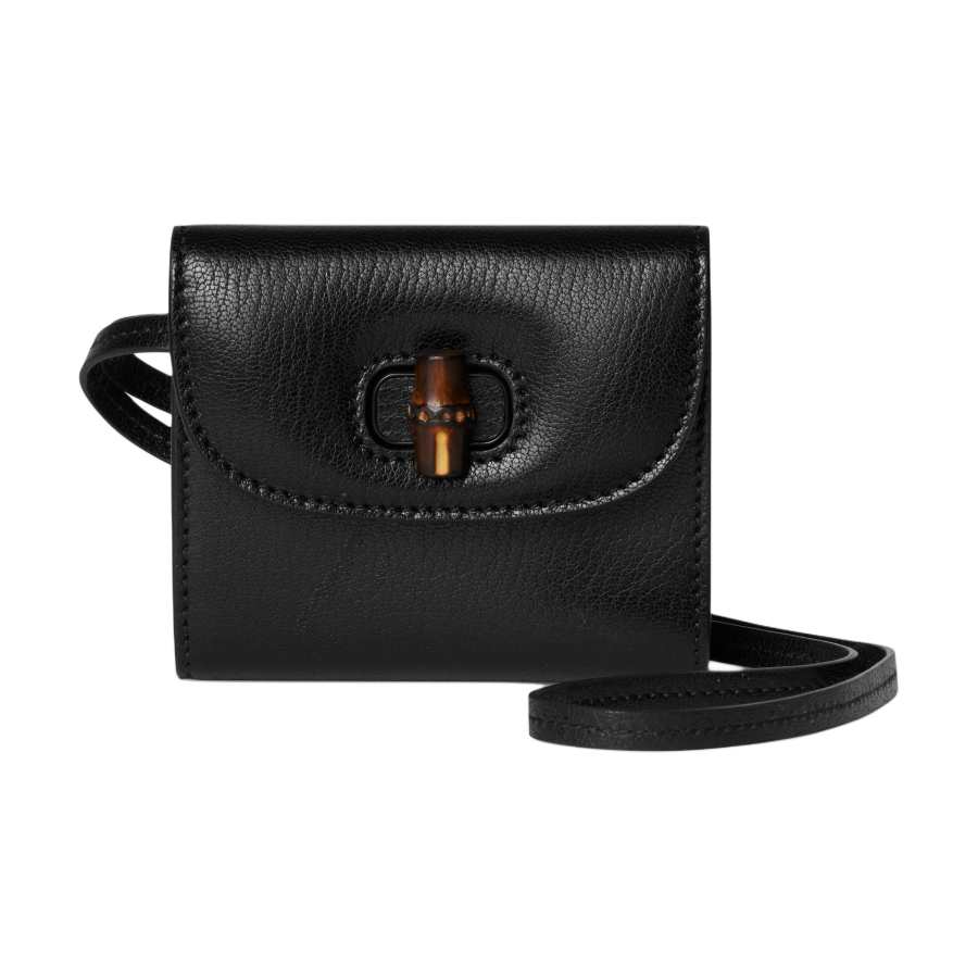 GUCCI Bamboo 1947 Leather Card Holder Women's Black