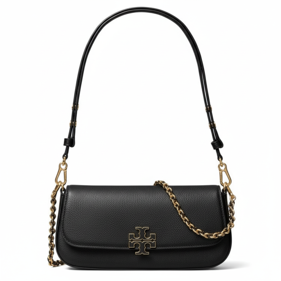 TORY BURCH Britten Detachable Strap Pebbled Leather Shoulder Bag Women's Black