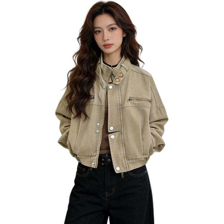 Cotton Gene Jackets Women's Khaki Stand Collar Thin Workwear