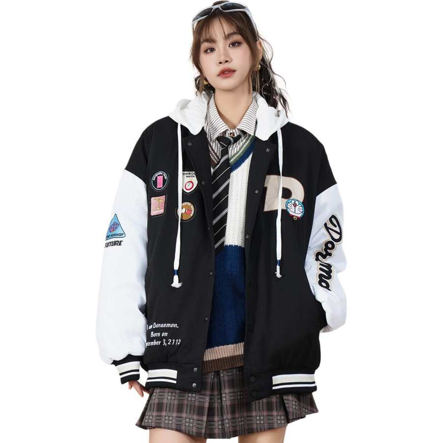 Doraemon Doraemon Puffer Jackets Unisex Detachable Hood Thickened Baseball Puffer Jacket