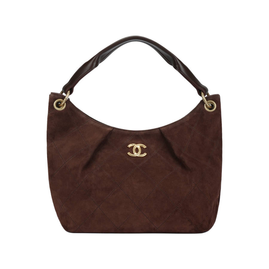 CHANEL Suede Material Vintage Gold Chain Handbag Small Women's Dark Brown