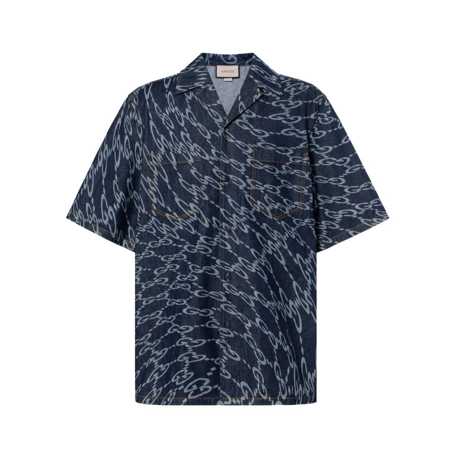 GUCCI Wave Shaped Gg Laser Printed Denim Shirt Men's Blue