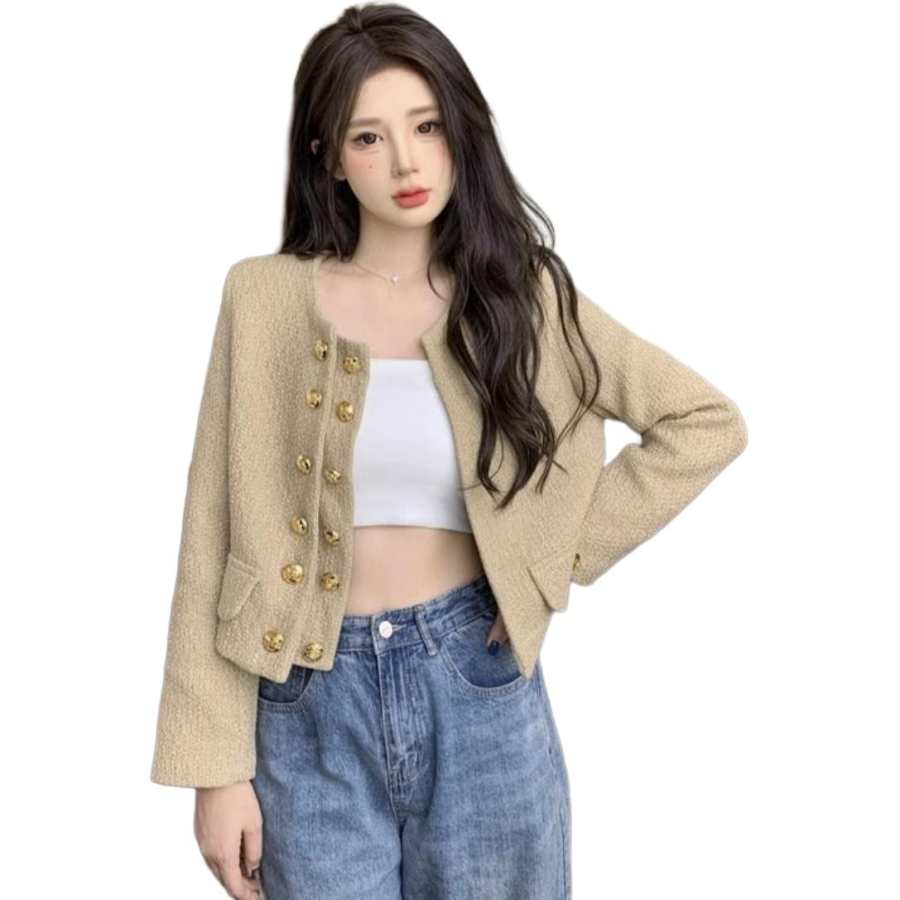 Cotton Gene Jackets Women's Khaki Crew Neck Thin Chanel Inspired