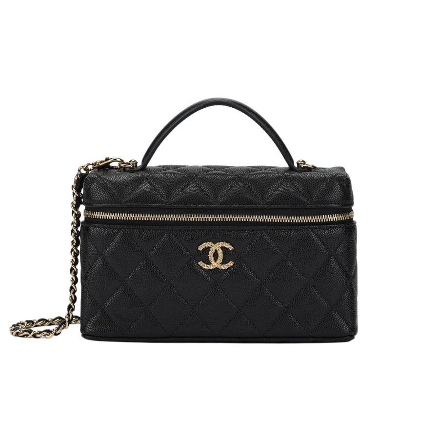 CHANEL Calfskin & Crystal & Gold Metal Portable Makeup Bag Women's Black