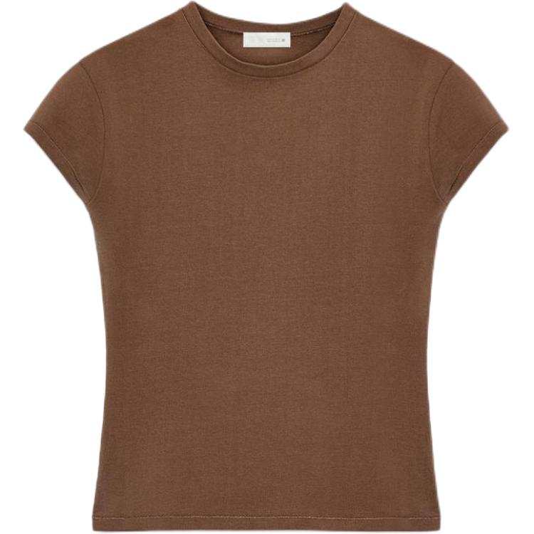 ZARA T Shirts Women's Brown Crew Neck Straight Fit