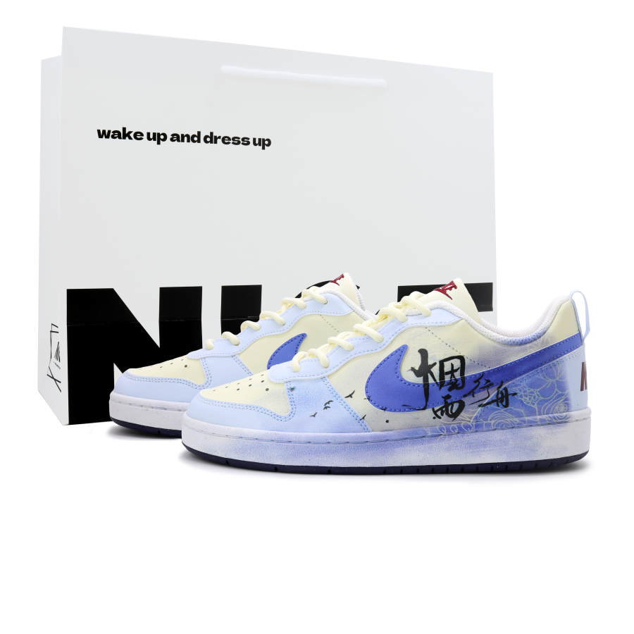Nike Nike Court Borough Misty Rain Together Synthetic Leather, Leather Skateboard Shoes Blue White Yellow Black GS Teenagers