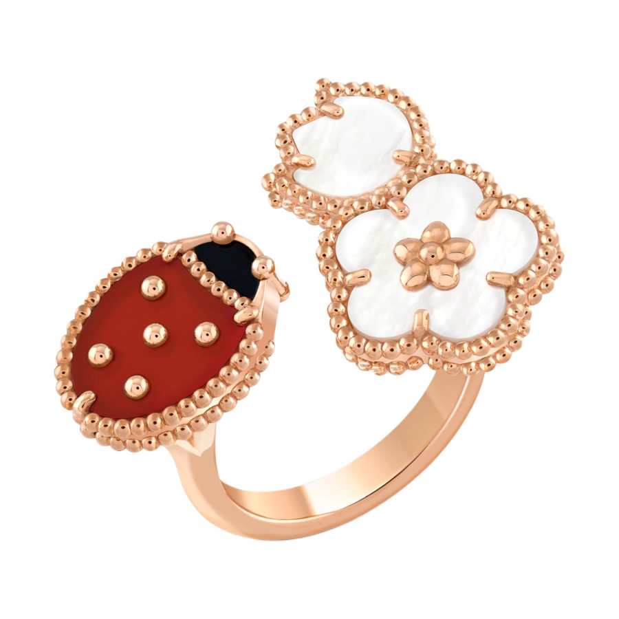 Van Cleef & Arpels Lucky Spring Collection 18K Gold, Mother Of Pearl, Red Coral, Onyx Rings Unisex Rose Gold/Red
