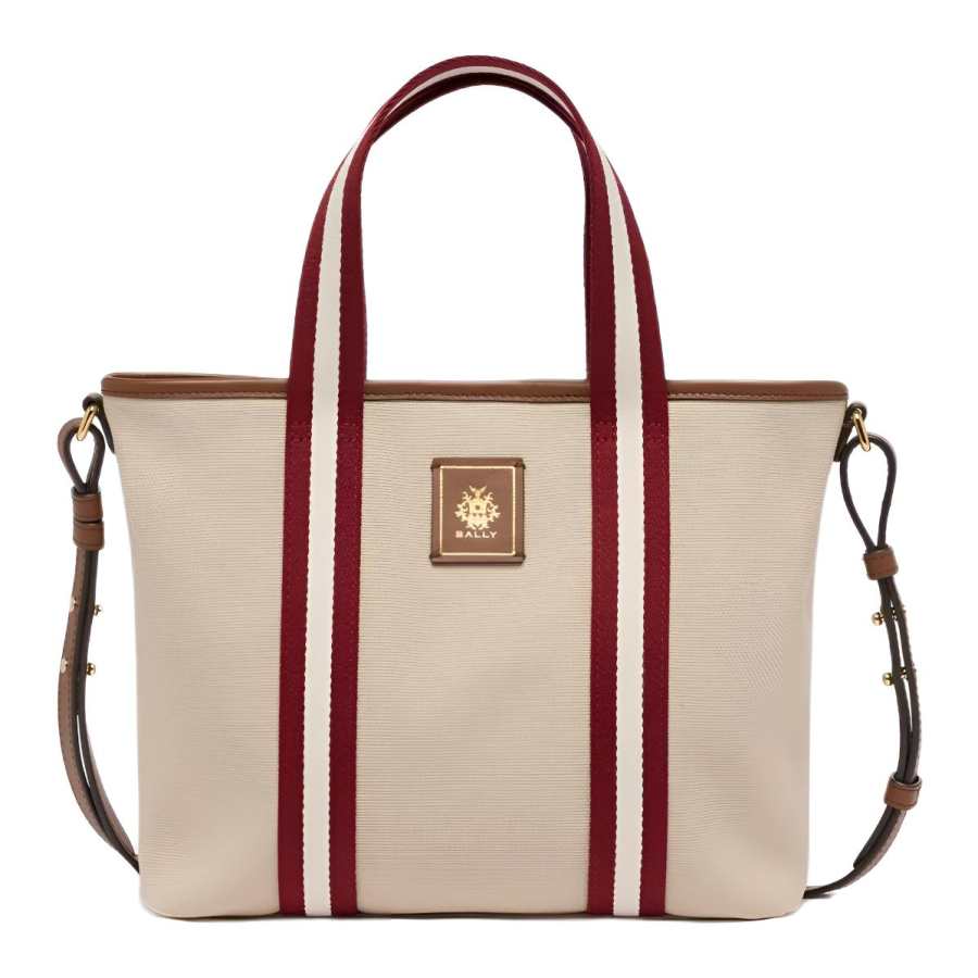 BALLY Fabric With Cow Leather Tote One Shoulder Handbag Women's Beige & Red