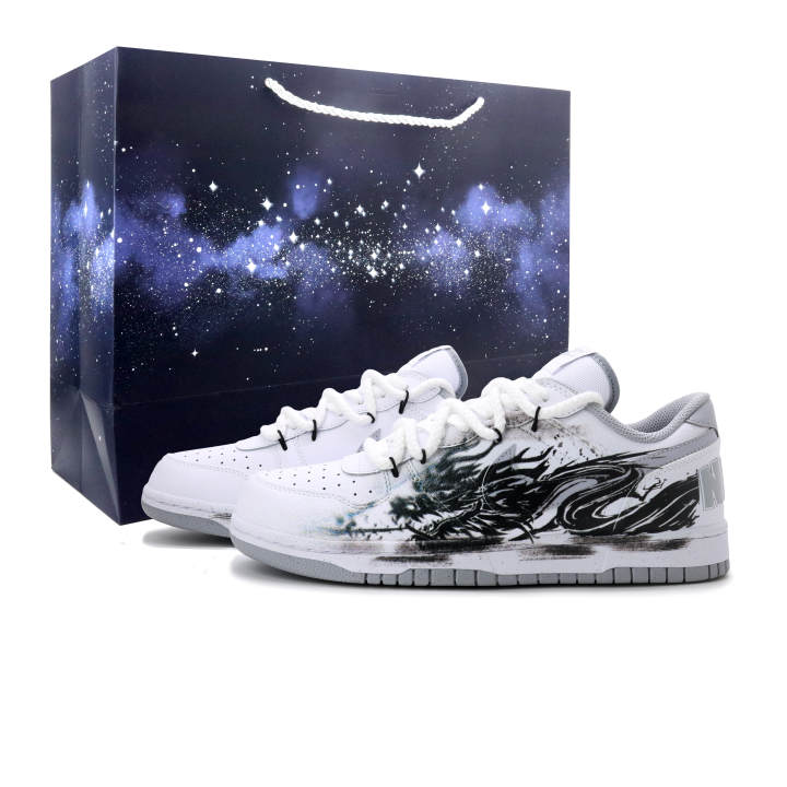 Nike Nike Big Ink Dragon Journey Leather Abrasion Resistant Breathable Low top Skateboard Shoes Men's Black White Gray