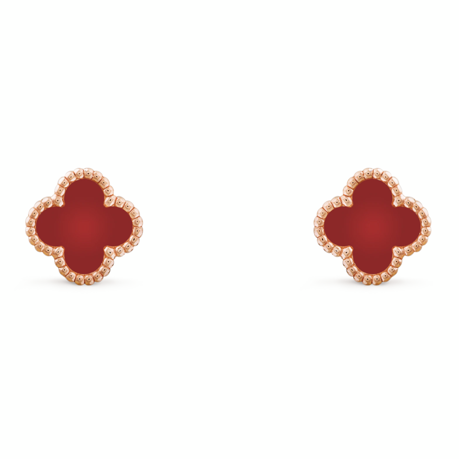 Van Cleef & Arpels Alhambra 18K Gold Red Chalcedony Stud Earrings Unisex Rose Gold/Red