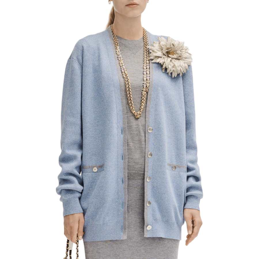 CHANEL Knitwear Women's Blue Gray V Neck Moderate Cardigan