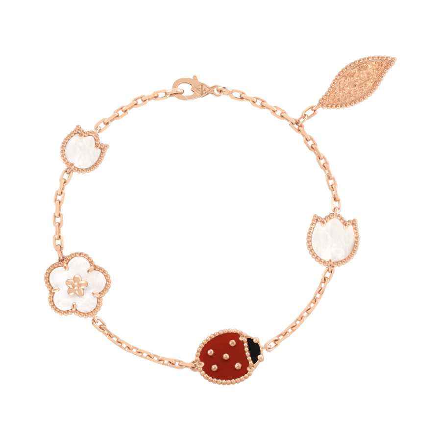 Van Cleef & Arpels Lucky Spring Collection 18K Gold, Mother Of Pearl, Red Coral, Onyx Bracelets Unisex Rose Gold/Red