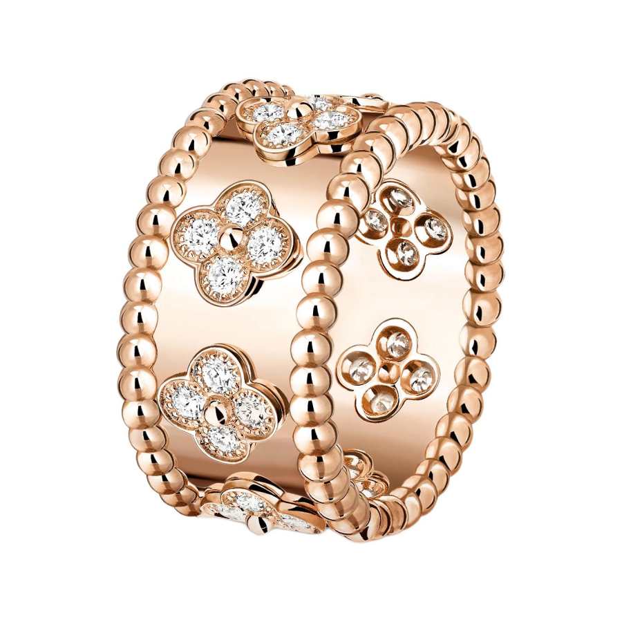 Van Cleef & Arpels Perlee Clovers 18K Gold Diamond Rings Unisex Rose Gold