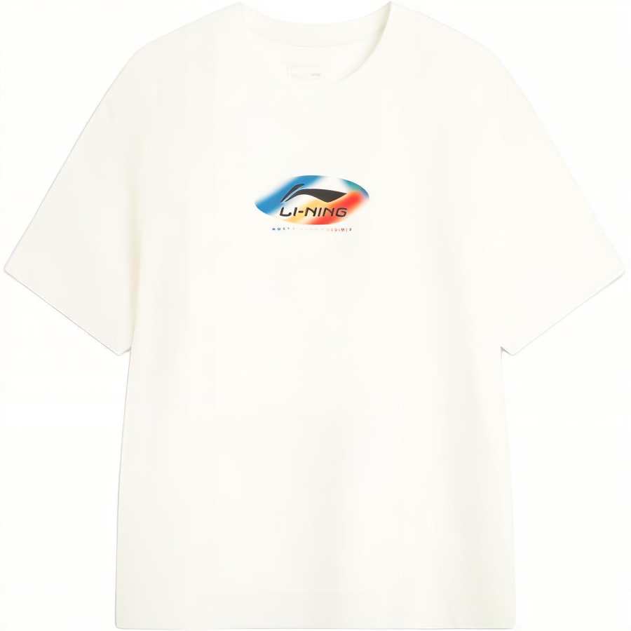 Li-Ning Li Ning T Shirts Unisex White Crew Neck Moderate Straight Fit