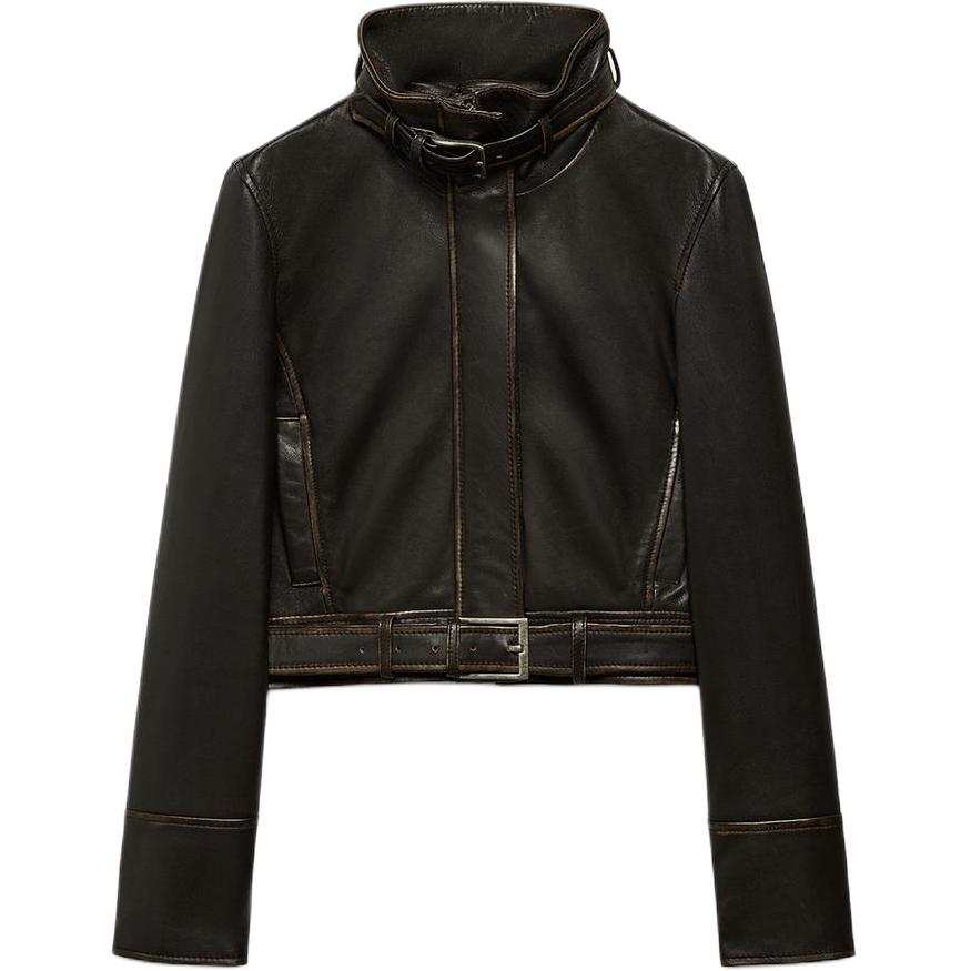 ZARA Leather Jackets Women's Dark Brown Stand Collar Moderate