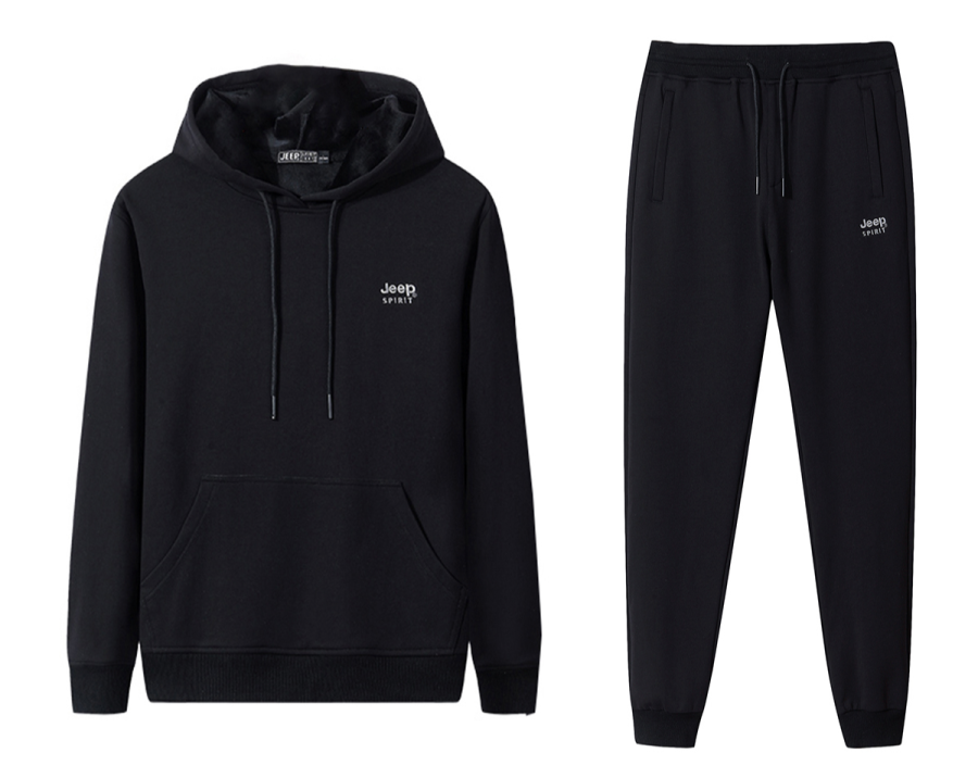 JEEP SPIRIT Fall, Winter Brand Logo Athleisure Pullover Top Lace Up Elastic Cuff Sweatpants Thickened And Fleece Lined