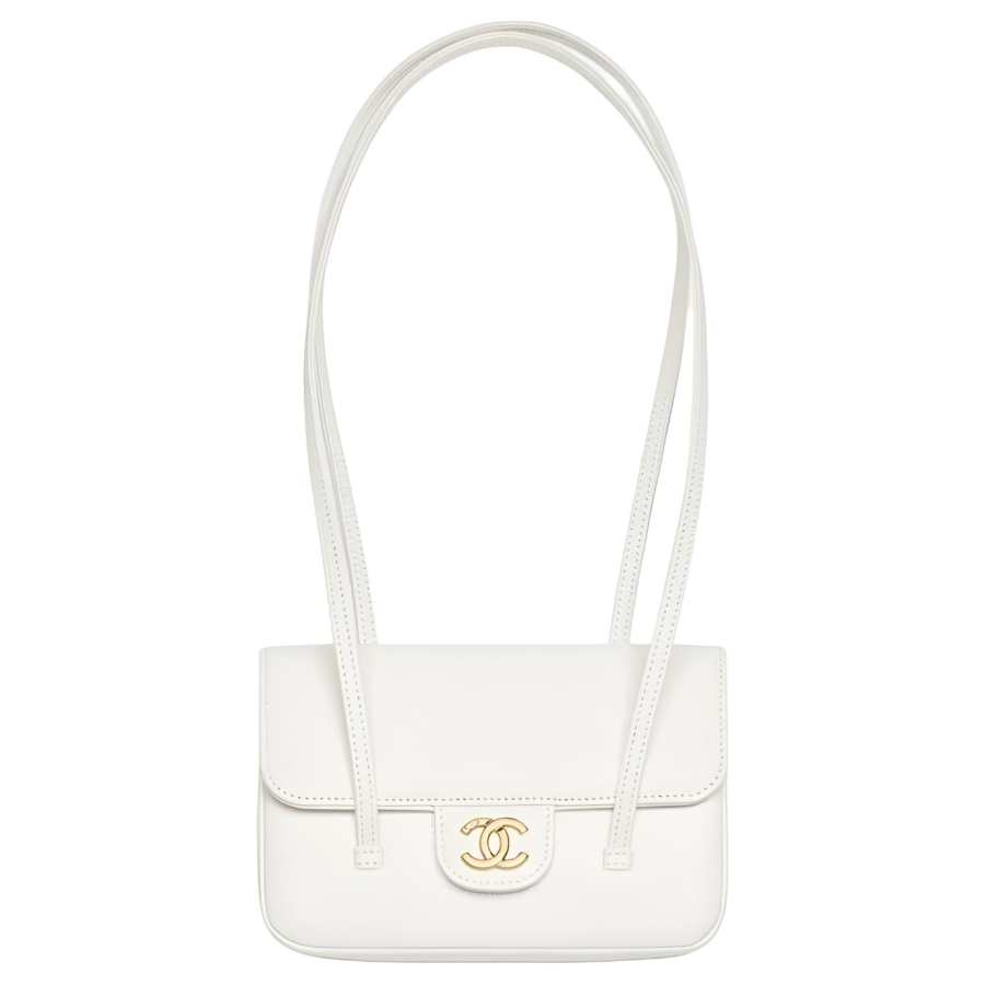 CHANEL Grain Embossed Shiny Calfskin & Gold Metal Shoulder Bag Mini Women's White