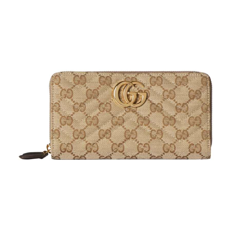 GUCCI Double G GG Canvas Wallet Women's Sand & Dark Brown