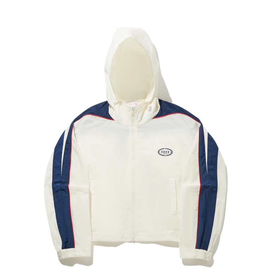 Li-Ning Li Ning Trench Coats Women's Ivory/Deep Whale Blue/Cherry Red Hooded Moderate