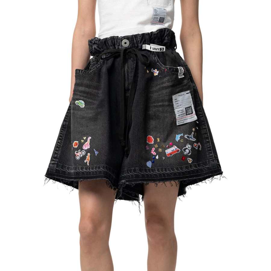 Maison Mihara Yasuhiro SS26 Kids Sticker Printed Denim Gather Shorts Denim Shorts Women's