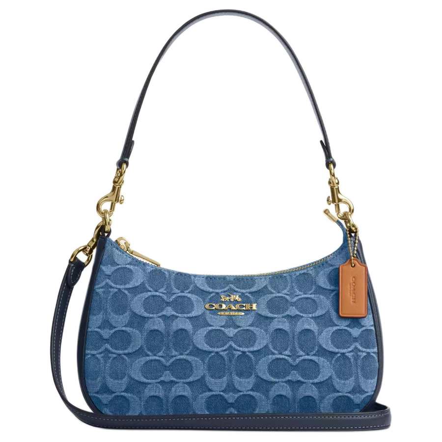 COACH Teri Denim With Vachetta Leather Shoulder Bag Medium Women's Blue