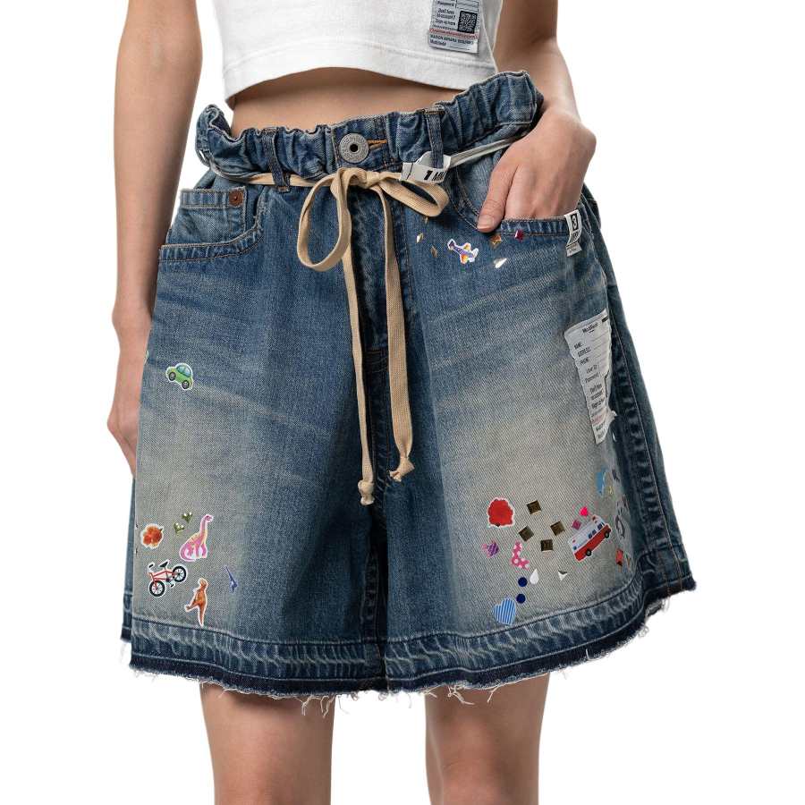 Maison Mihara Yasuhiro Kids Sticker Printed Denim Gather Shorts