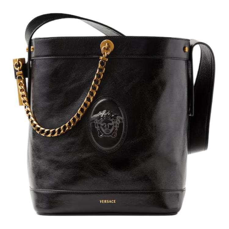 VERSACE Calfskin Bucket Bag Handbag Small Women's Black