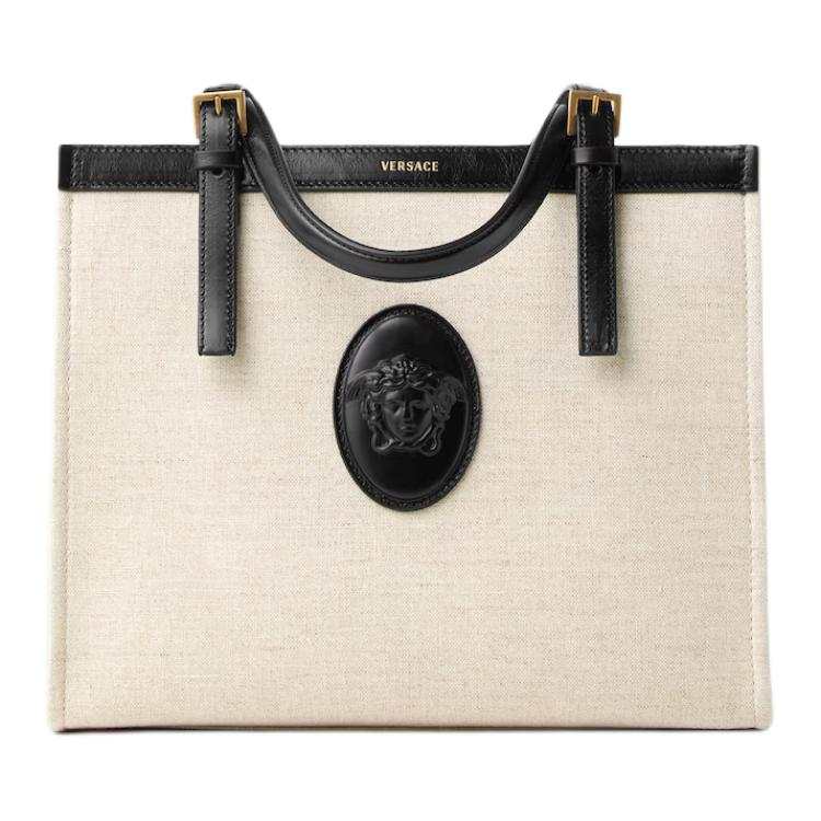 VERSACE Linen With Cotton Handbag Women's Beige & White & Black