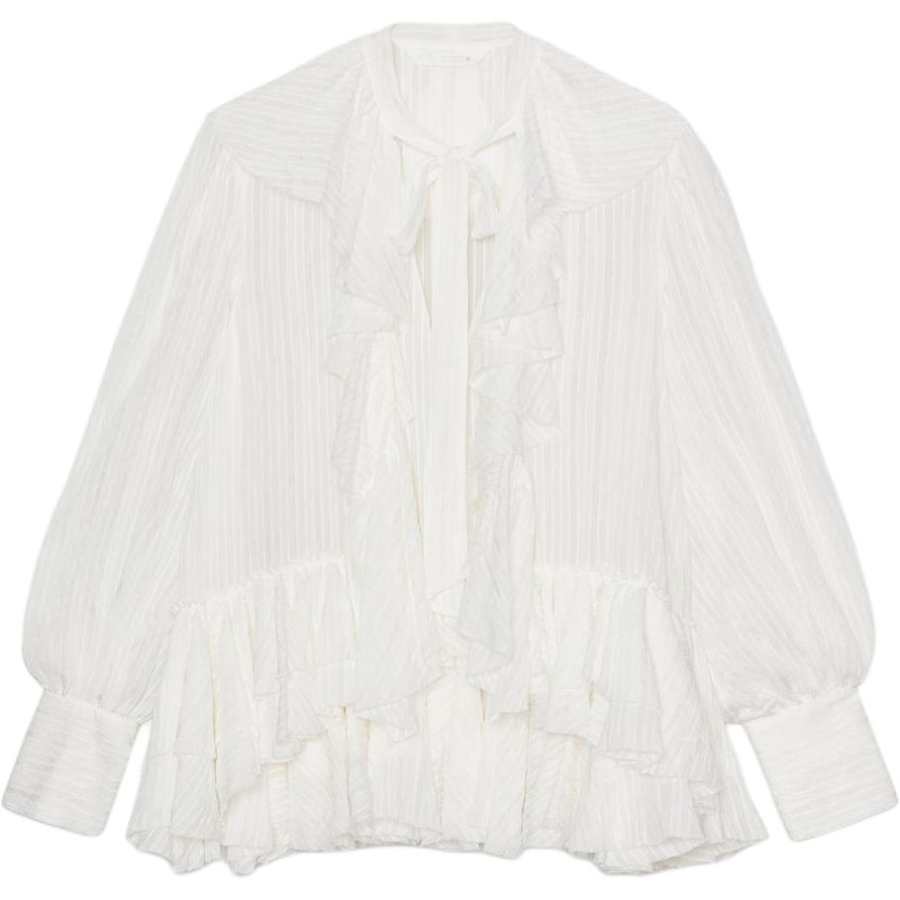 ZARA ZW Chiffon Shirts Women's White V Neck Moderate