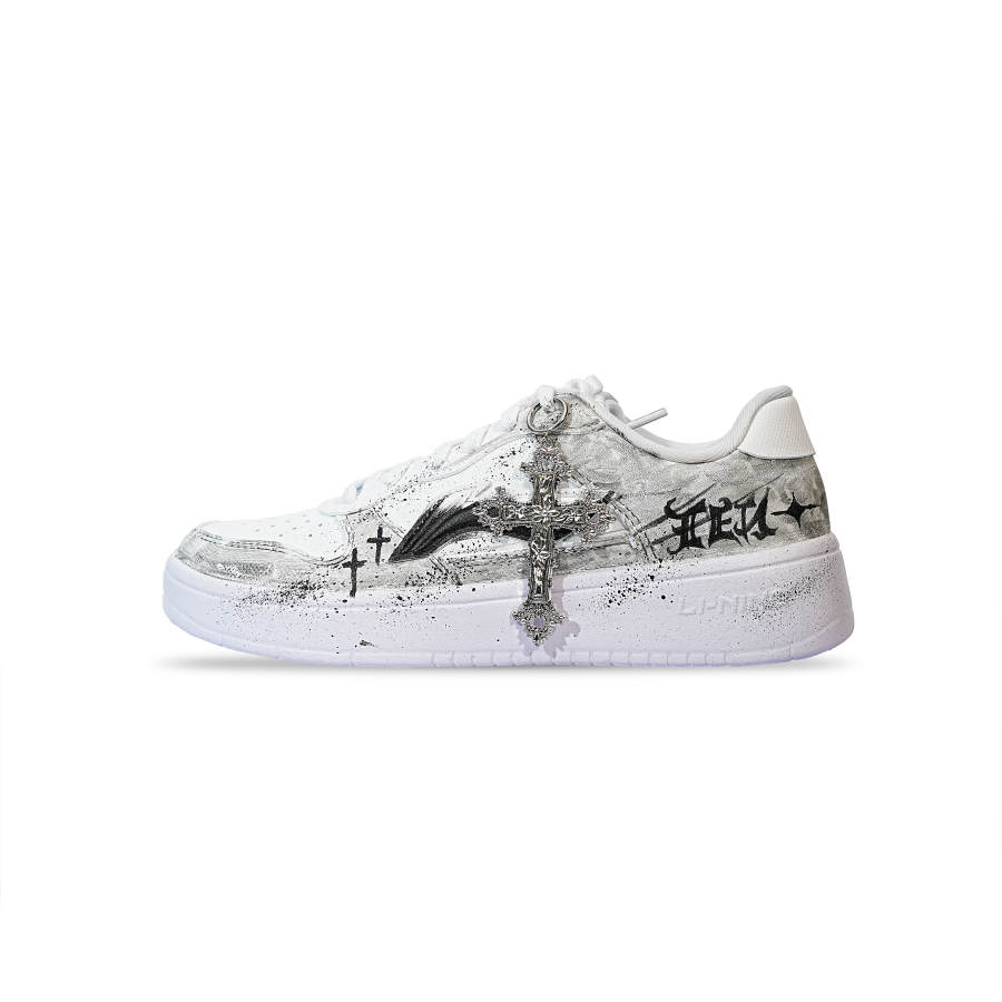 Li-Ning Li Ning Floating Boat Ink Dyed Gothic Synthetic Leather Slip Resistant Low top Skateboard Shoes Unisex White Black
