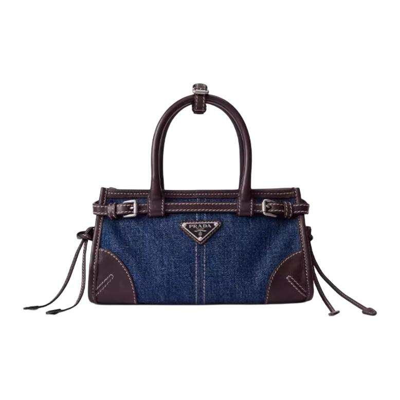 PRADA Bonnie Denim With Cow Leather Handbag Small Women's Blue & Coffee