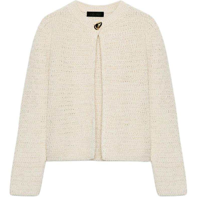 ZARA Knitwear Women's White Crew Neck Moderate Cardigan