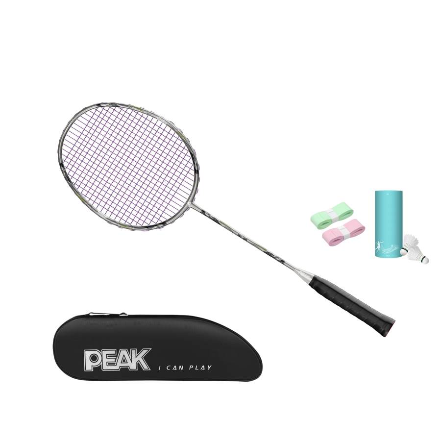 PEAK Full Carbon Badminton Rackets Offensive Type Heavy Head, Stiff Shaft Entry level 675MM Unisex 4U/G5 Meteorite Gray